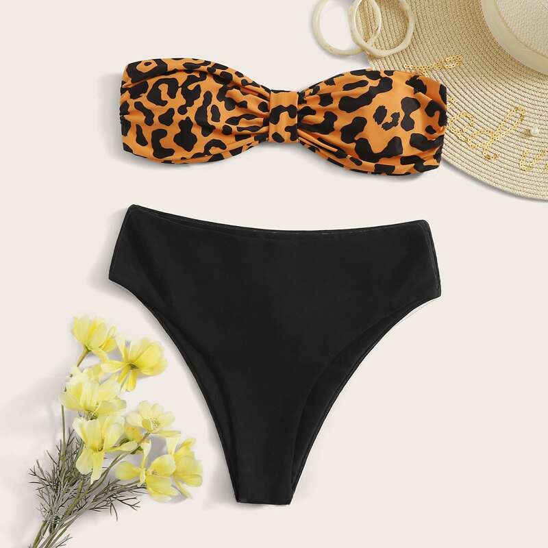 

Leopard Bandeau High Waisted Bikini Swimsuit, Multicolor