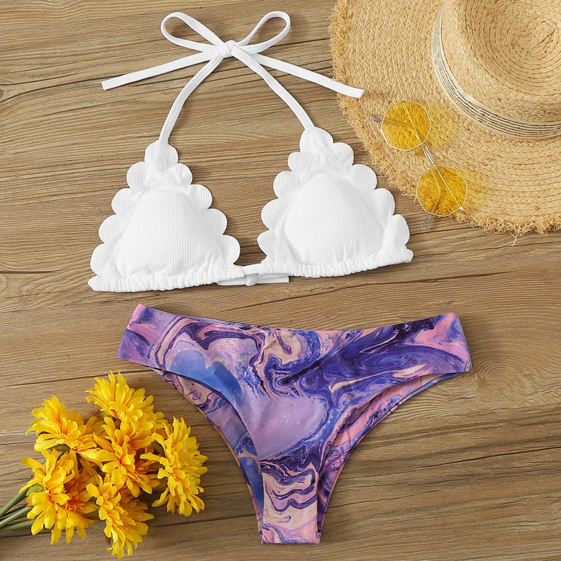 

Tie Dye Scallop Trim Halter Triangle Bikini Swimsuit, Multicolor