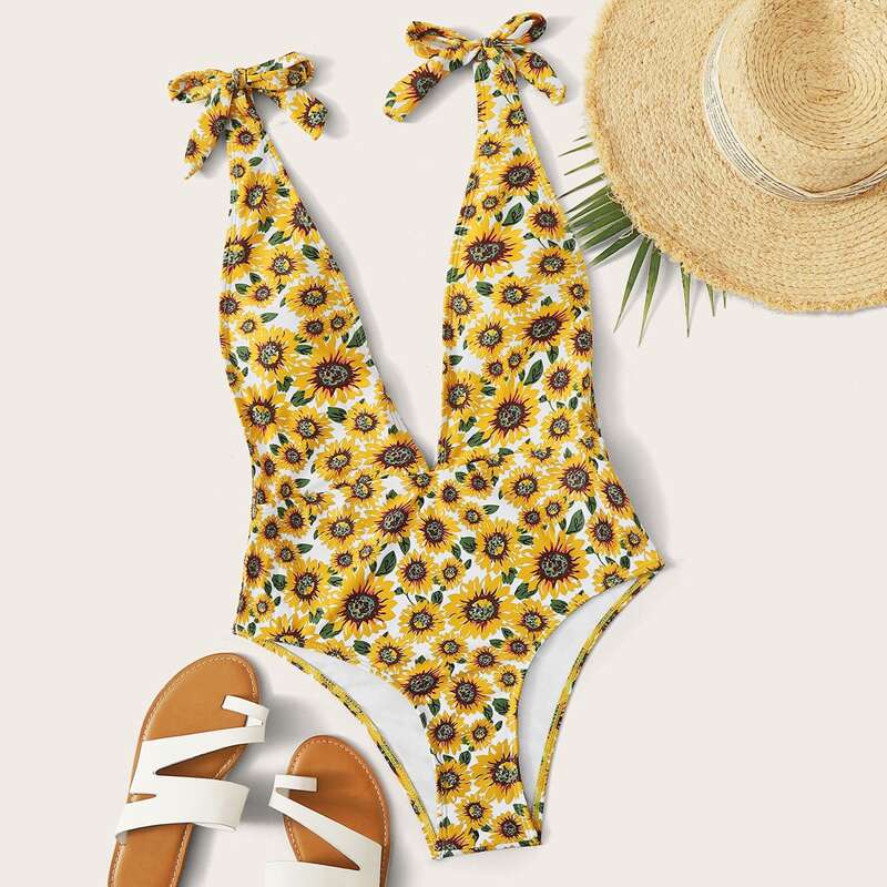 

Sunflower Plunging One Piece Swimsuit, Multicolor