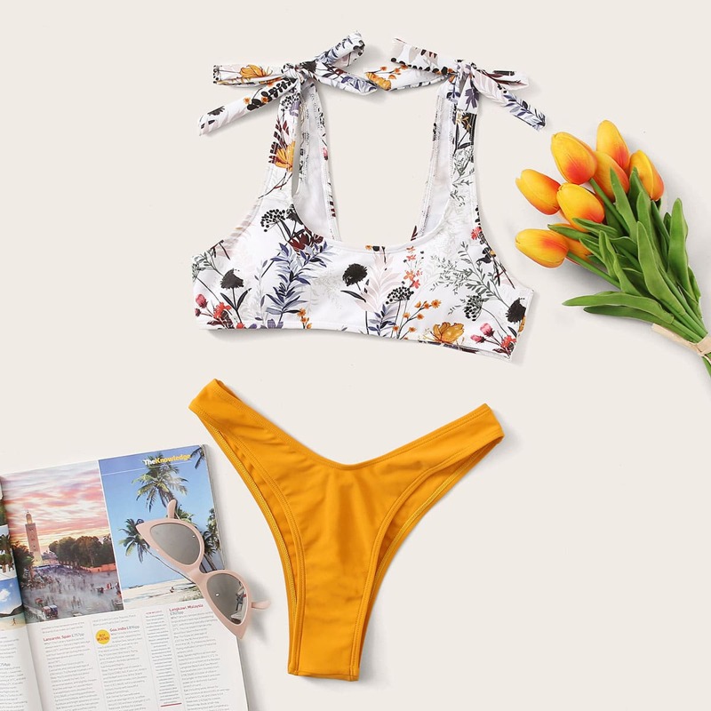 

Tie Shoulder Floral High Leg Bikini Swimsuit, Multicolor