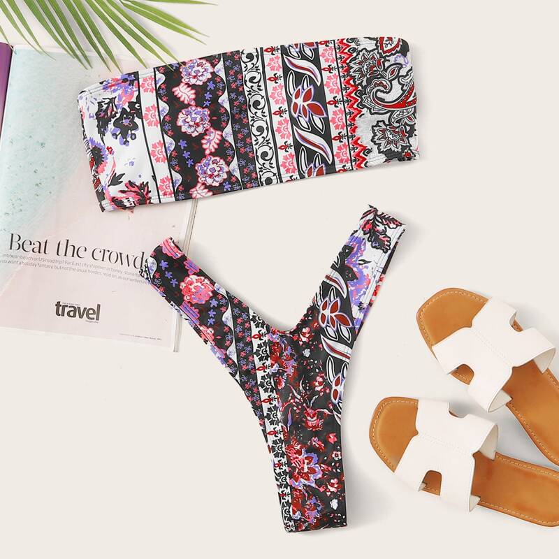 

Tribal Floral Bandeau High Leg Bikini Swimsuit, Multicolor
