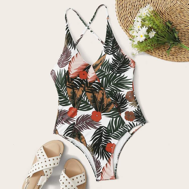 

Tropical Floral Backless One Piece Swimsuit, Multicolor