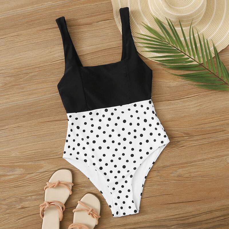 

Polka Dot Square Neck One Piece Swimsuit, Black and white