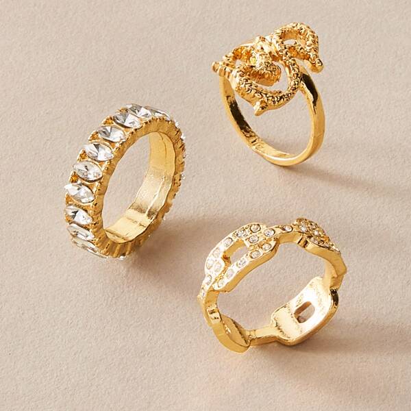 

Кольцо в форме цепочки со стразами 3шт, Золотистый