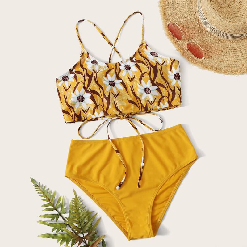 

Lace Up Floral High Waisted Bikini Swimsuit, Yellow