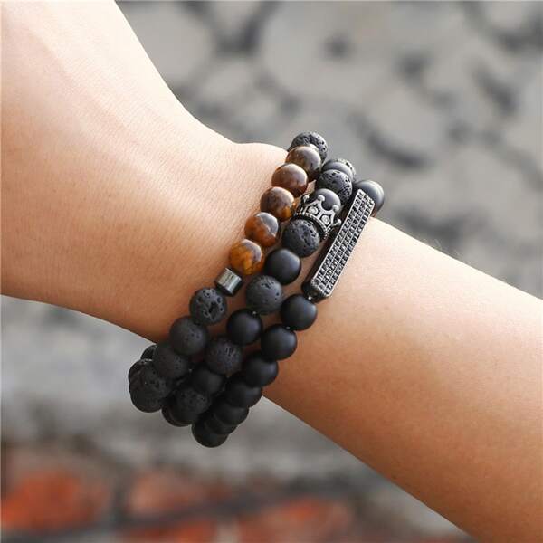 

3pcs Men Crown Decor Beaded Bracelet, Black