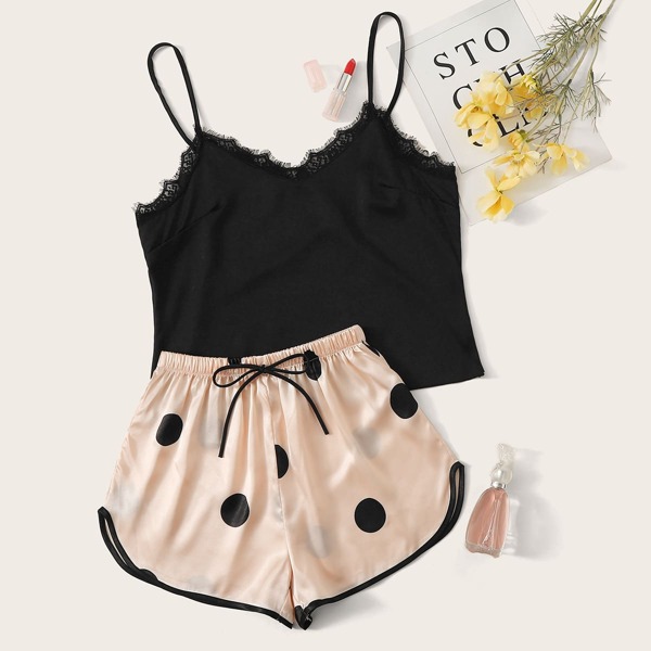 

Lace Trim Cami Top & Polka Dot Satin Shorts PJ Set, Multicolor