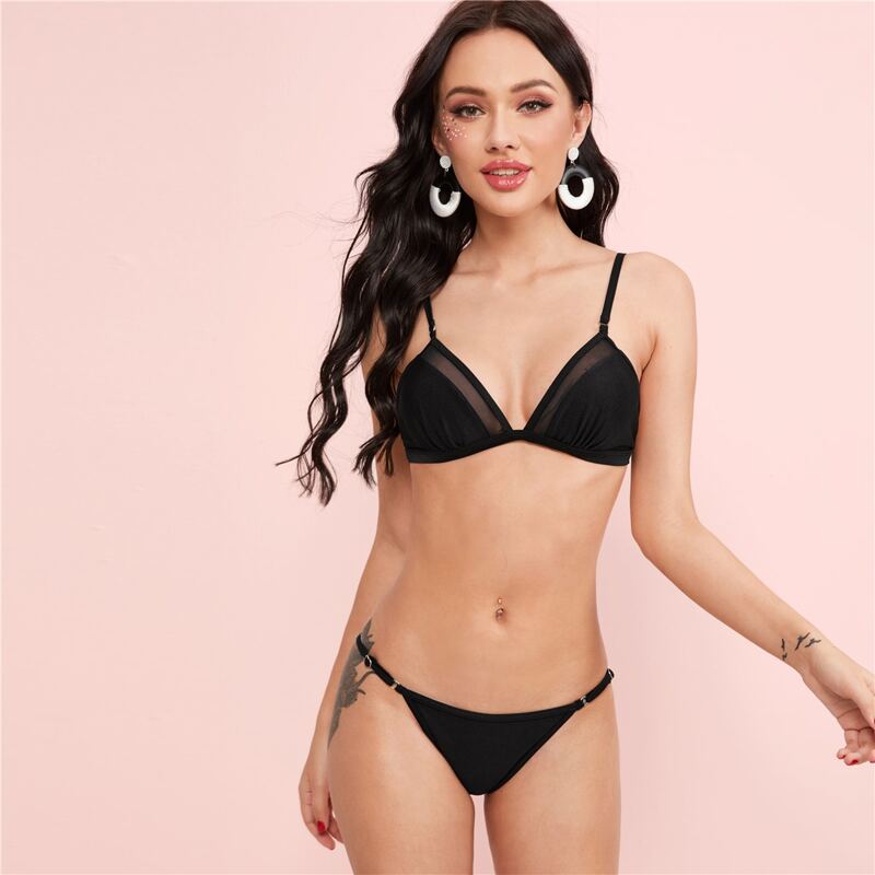 

Contrast Mesh Triangle Tanga Bikini Swimsuit, Black