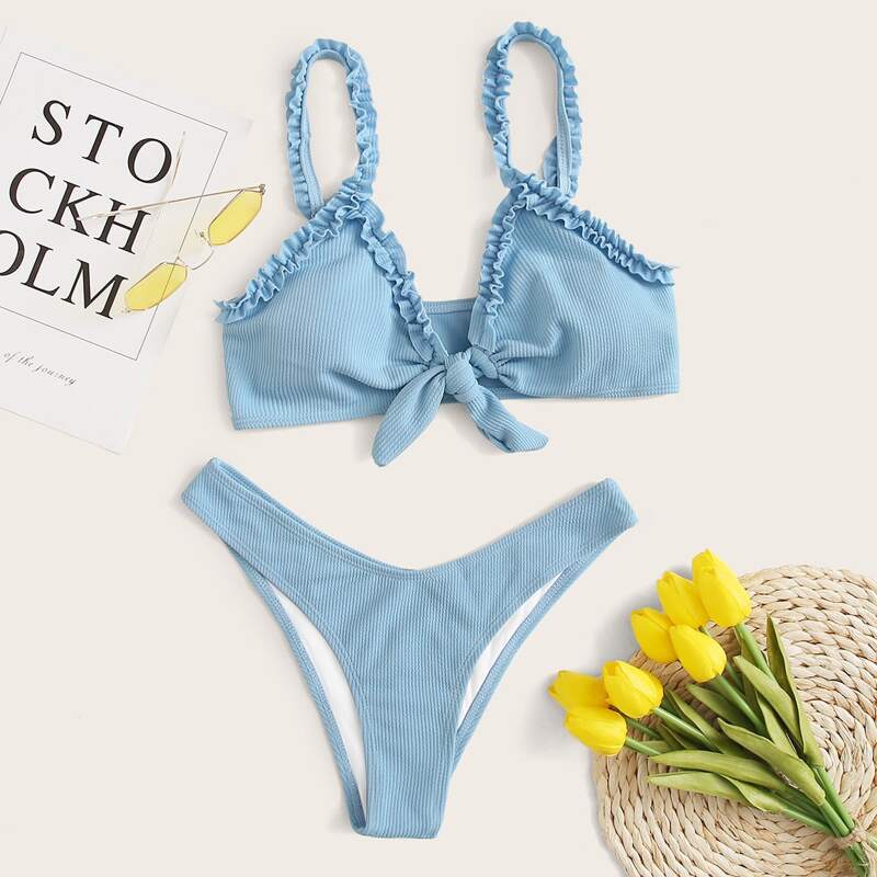 

Rib Frill Trim Tie Front High Cut Bikini Swimsuit, Blue