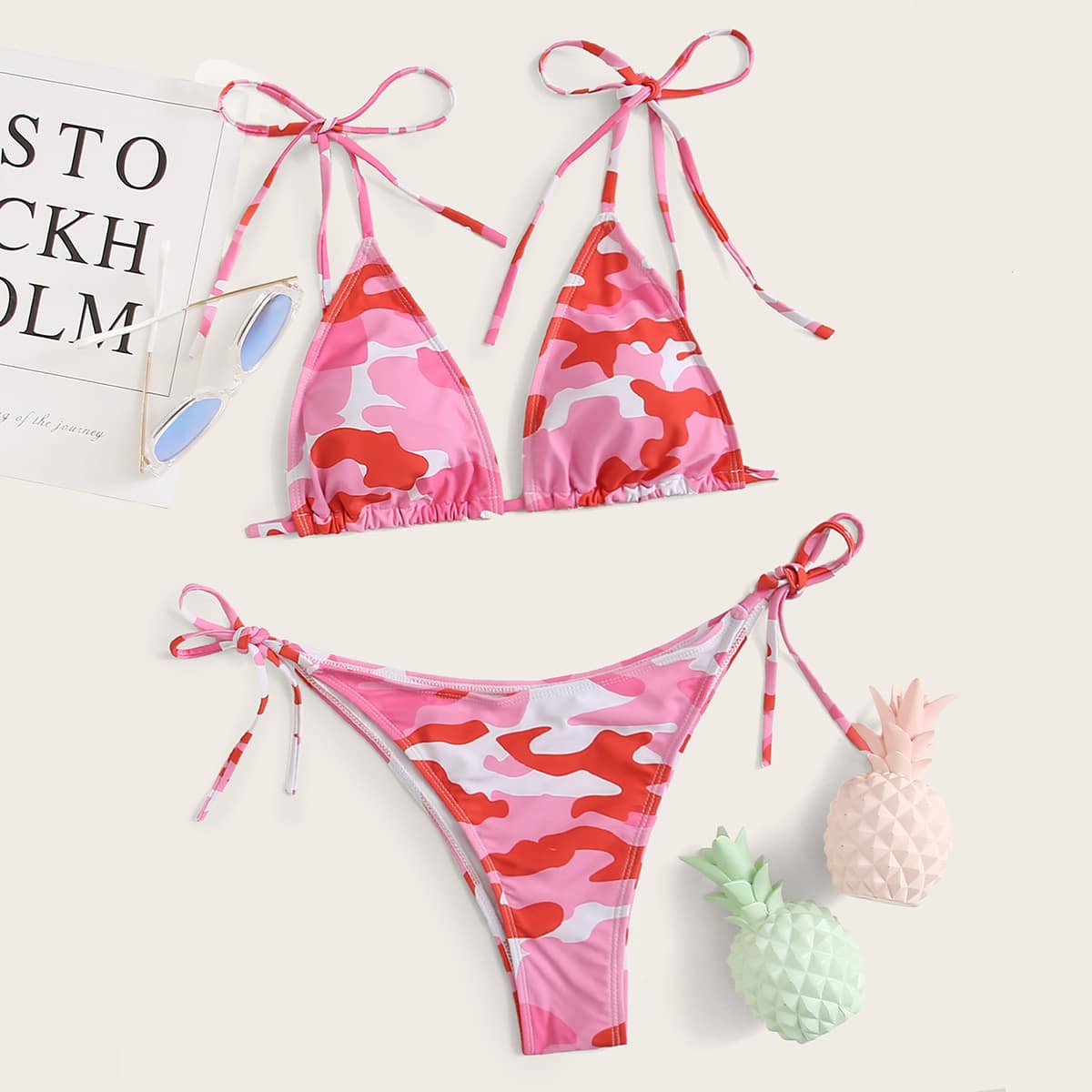 

Camo Triangle Tie Side Bikini Swimsuit, Multicolor