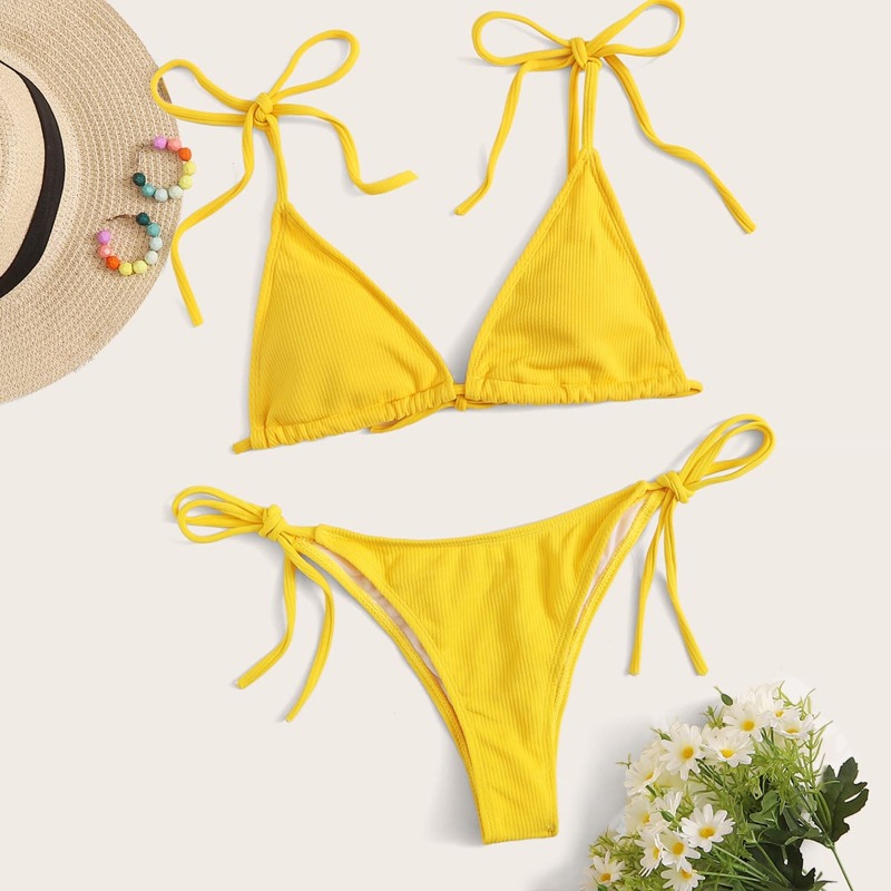 

Rib Triangle Tie Side Bikini Swimsuit, Yellow