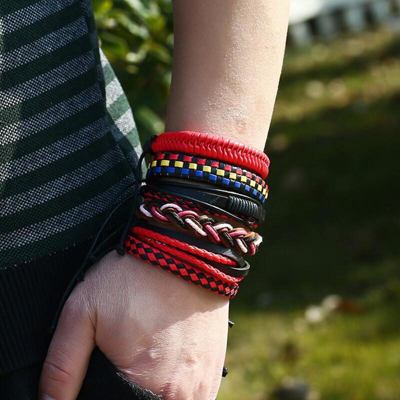 

6pcs Guys Braided PU String Bracelet, Multicolor