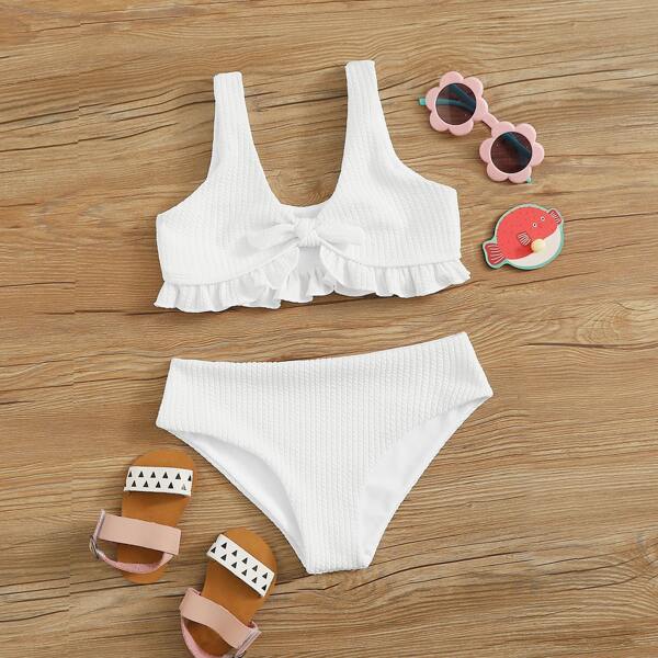 

Girls Rib Ruffle Trim Tie Front Bikini, White