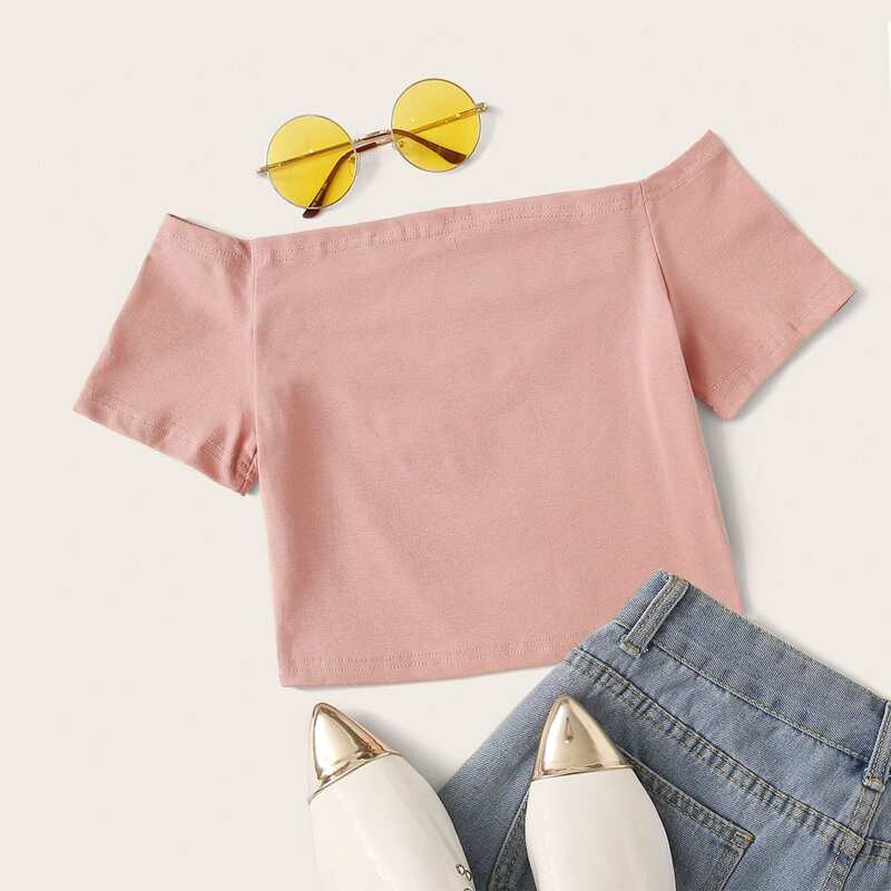 

Off Shoulder Crop Pink Tee
