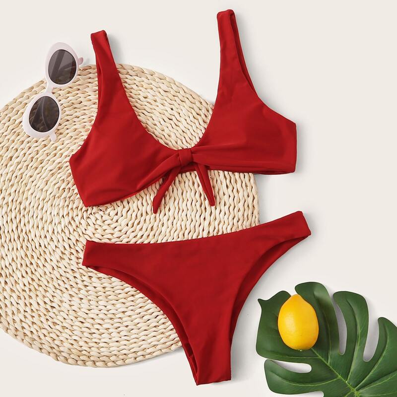 

Plain Knot Front Bikini Swimsuit, Red