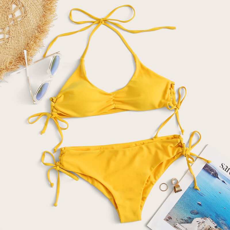 

Halterneck Lace Up Bikini Swimsuit, Yellow