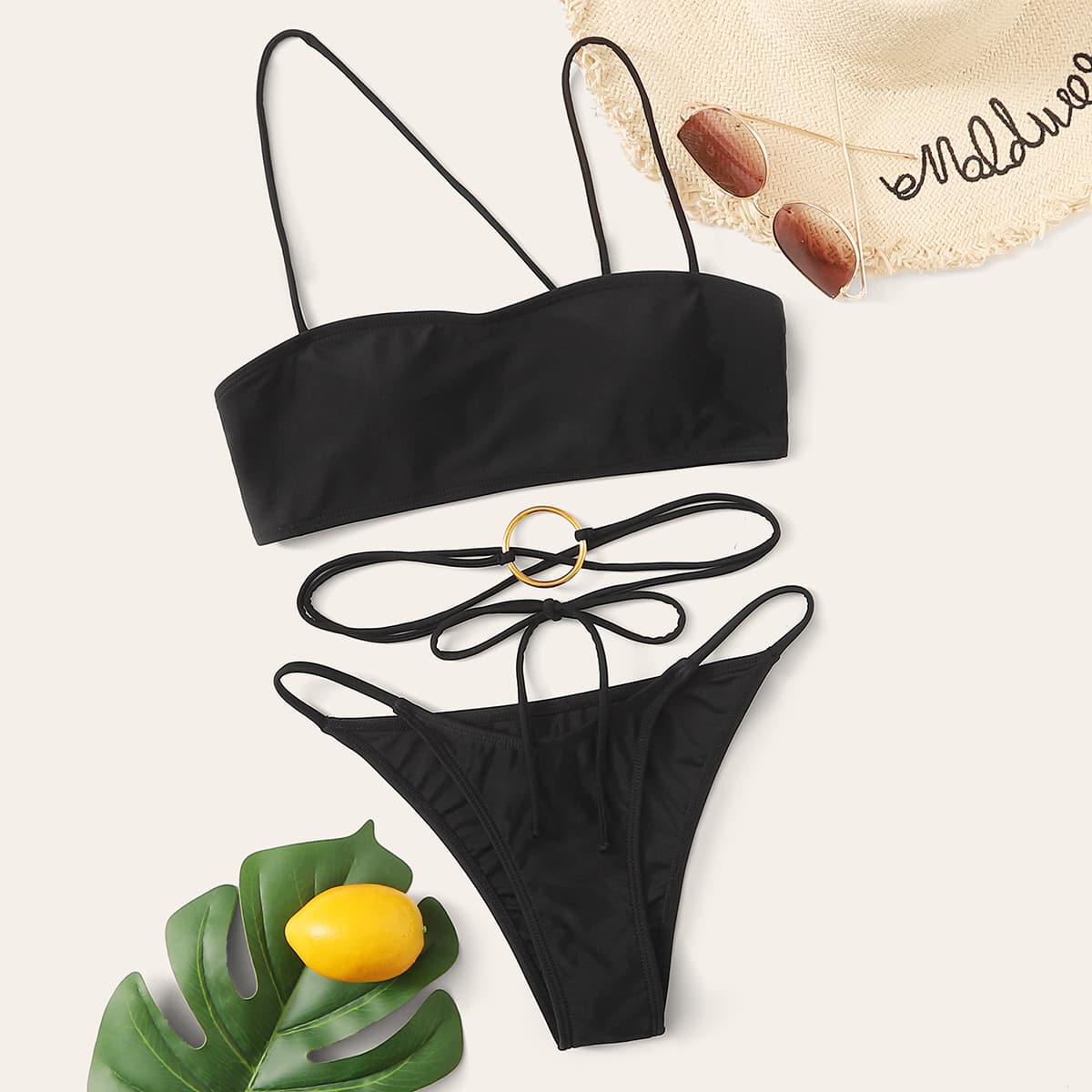 

Criss Cross Ring Thong Bikini Swimsuit, Black