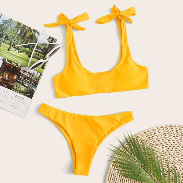 

Tie Shoulder Cheeky Bikini Swimsuit, Yellow bright