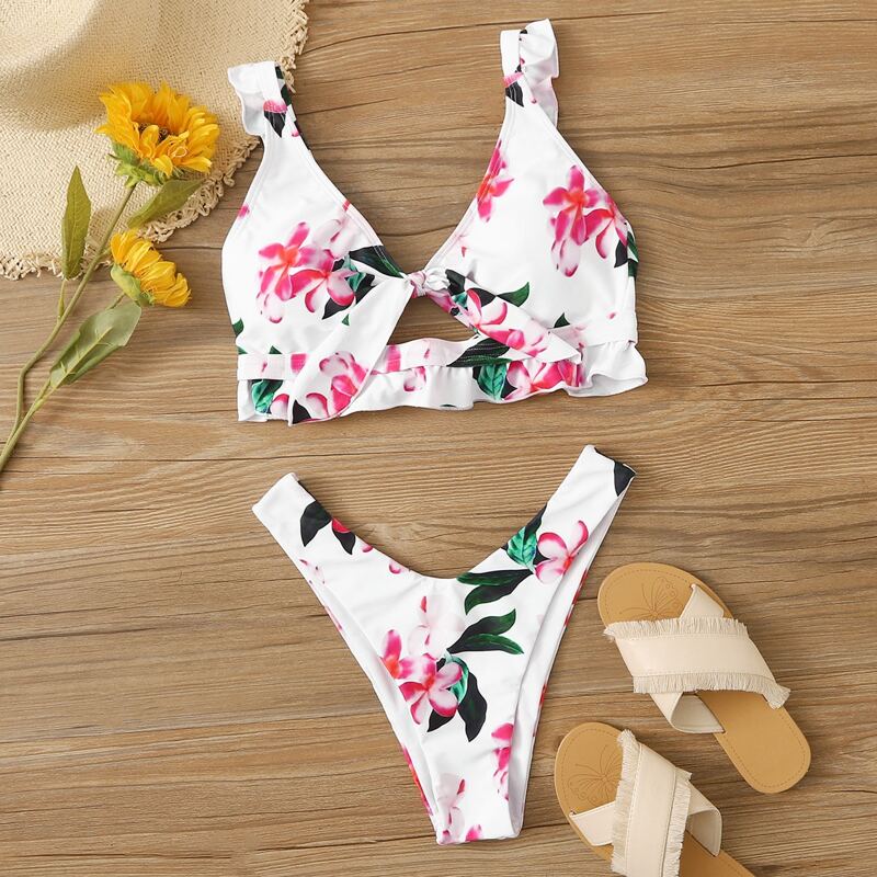 

Floral Ruffle Trim Tie Front High Cut Bikini Swimsuit, Multicolor