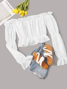 SHEIN VCAY Frill Flounce Sleeve Bardot Blouse - White - View 1