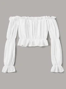 SHEIN VCAY Frill Flounce Sleeve Bardot Blouse - White - View 2