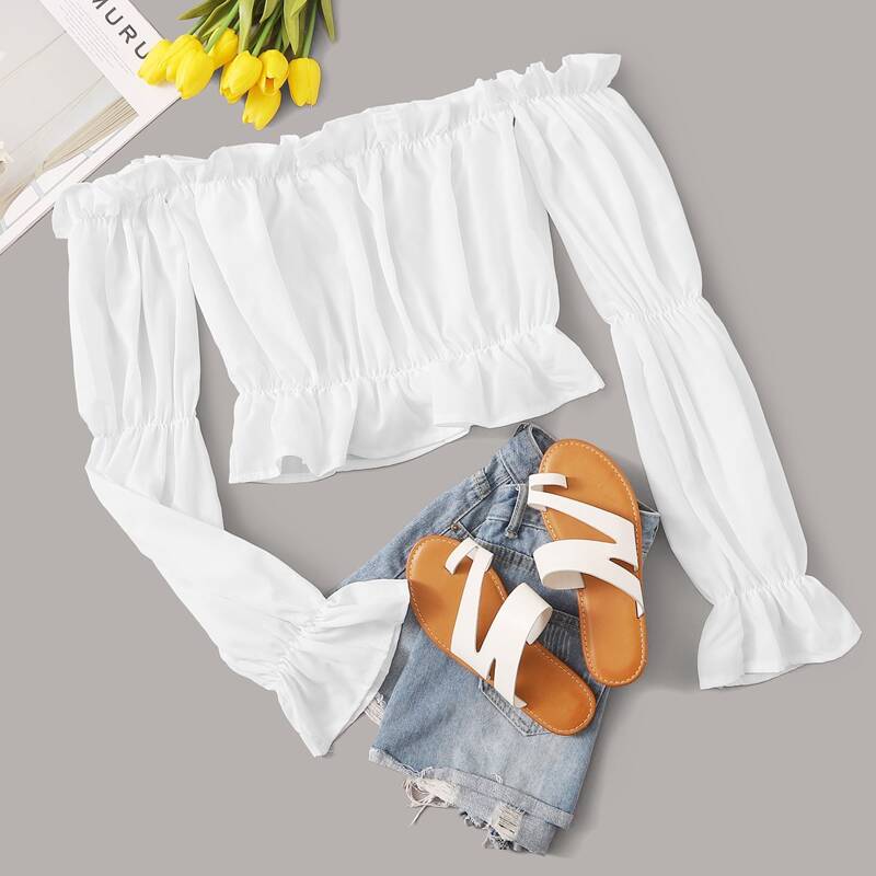 

Frill Flounce Sleeve Bardot Blouse, White