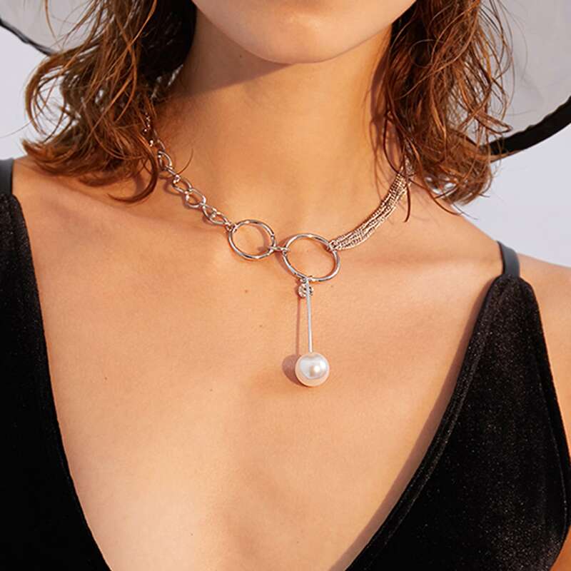 

1pc Faux Pearl & Chain Tassel Charm Y Lariat Necklace, Silver