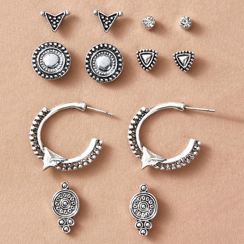 

6pairs Rhinestone Decor Geometric Earrings Set, Silver