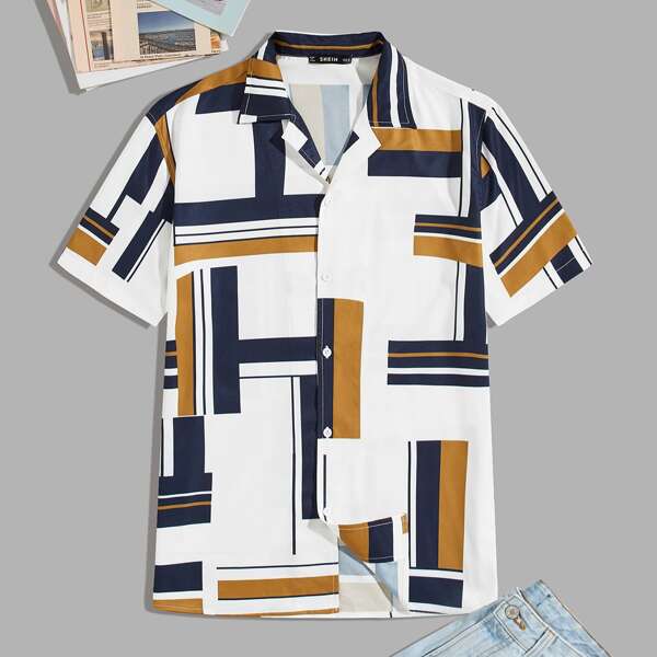 

Men Revere Collar Geo Shirt, Multicolor