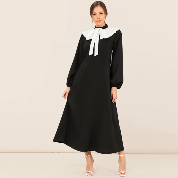 

Contrast Tie Neck Lantern Sleeve Dress, Black
