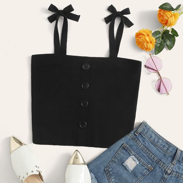 

Tie Shoulder Button Front Knit Top, Black