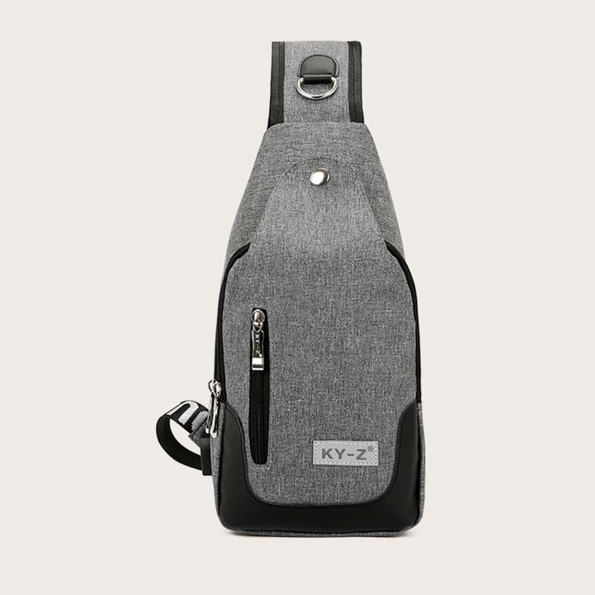 

Guys Zip Front Letter Patch Decor Sling Bag, Grey