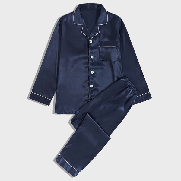 

Men Contrast Binding Satin PJ Set, Navy blue