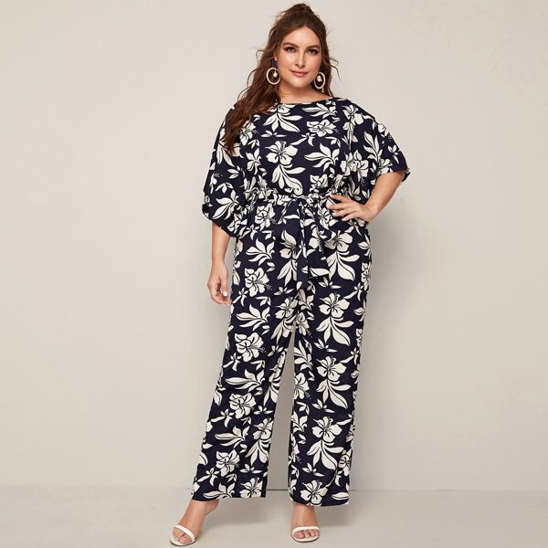 

Plus Botanical Print Batwing Sleeve Self Belted Jumpsuit, Multicolor