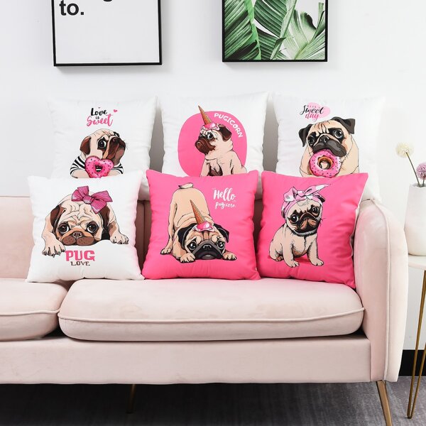 

1pc Pug Print Cushion Cover Without Filler, Multicolor