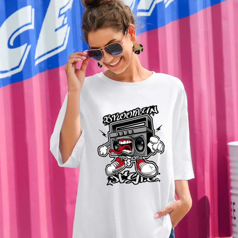 

Cartoon & Letter Graphic Oversized Tee, White