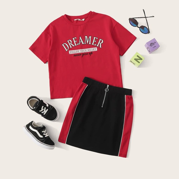 

Girls Slogan Graphic Top & Zip Up Colorblock Skirt Set, Multicolor