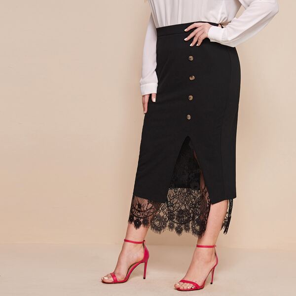 

Plus Eyelash Lace Panel Button Front Skirt, Black