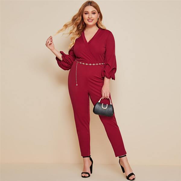 

Plus Surplice Neck Lantern Sleeve Jumpsuit Without Belt, Burgundy