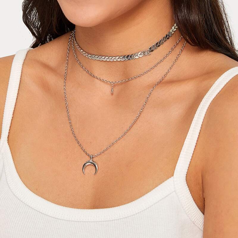 

2pcs Leaf & Rhinestone Decor Necklace, Silver