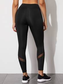 Easithlete Sports Tights High Stretch Tummy Control Athletic Leggings With Contrast Mesh - Black - View 2