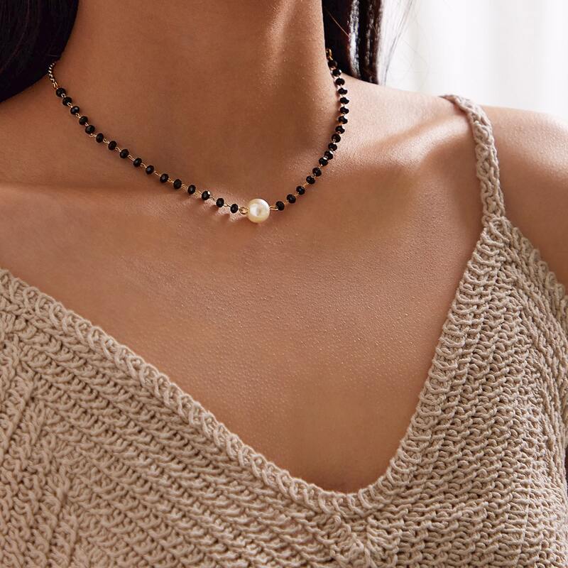 

1pc Faux Pearl & Crystal Decor Necklace, Multicolor