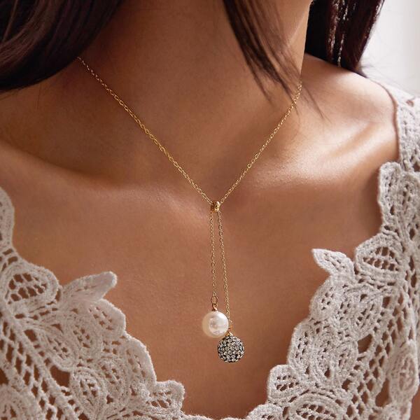 

Ожерелье со стразами и искусственными жемчугами 1шт, Многоцветный