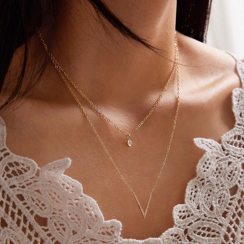 

1pc Rhinestone Decor Letter Charm Layered Necklace, Gold