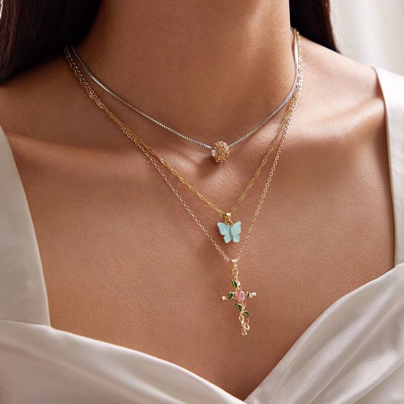 

3pcs Butterfly & Cross Charm Necklace, Multicolor