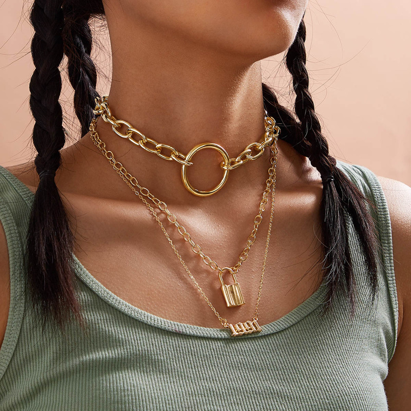 

3pcs Lock & Letter Charm Necklace, Gold