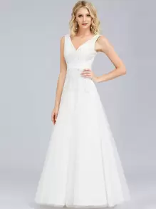 EVERPRETTY Double V Neck Embroidered Detail Mesh Prom Dress - White - View 1