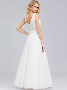 EVERPRETTY Double V Neck Embroidered Detail Mesh Prom Dress - White - View 2