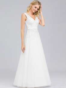 EVERPRETTY Double V Neck Embroidered Detail Mesh Prom Dress - White - View 4