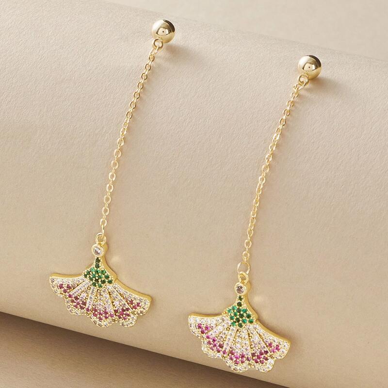 

1pair Rhinestone Engraved Fan Shaped Drop Earrings, Gold
